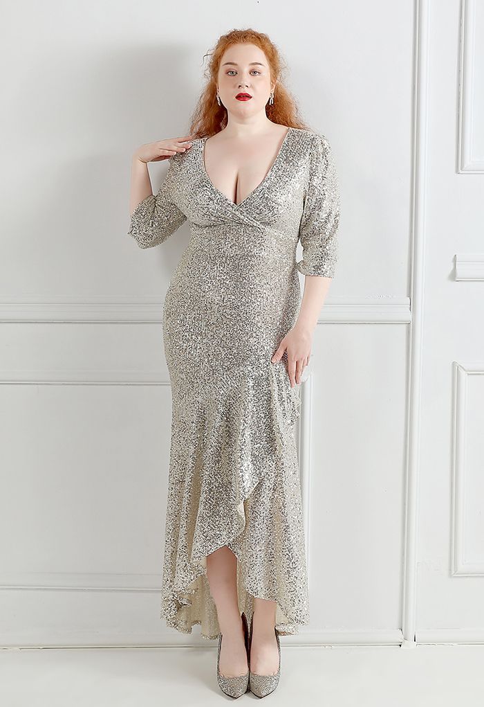 Elbow Sleeve Ruffle Sequined Gown in Silver | Chicwish