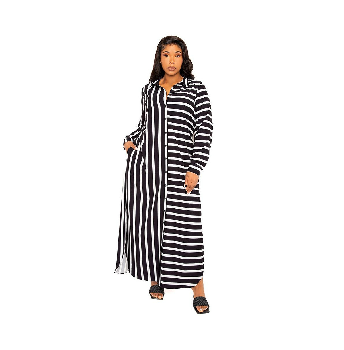Buxom Couture Women's Plus Size Maxi Stripe Maxi Shirt Dress - Black stripe | Macy's