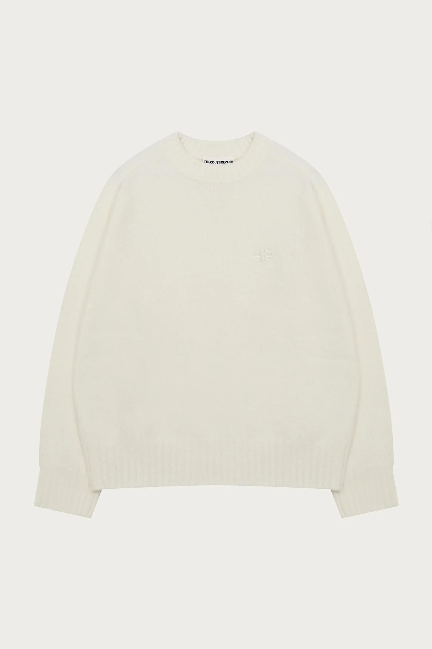 FLUFFY KNIT EMBLEM EMBROIDERED CREW - OFF WHITE | The Couture Club