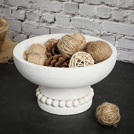 Distressed Beaded Wood Pedestal Bowl Decorative Wooden Beaded Bowl White Wood Pedestal Bowl Beade... | Amazon (US)