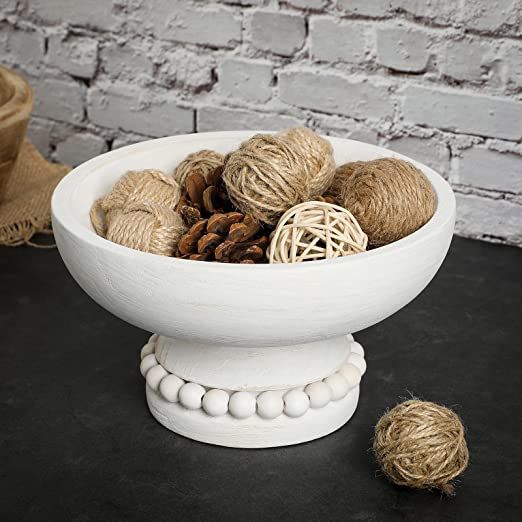 Distressed Beaded Wood Pedestal Bowl Decorative Wooden Beaded Bowl White Wood Pedestal Bowl Beade... | Amazon (US)