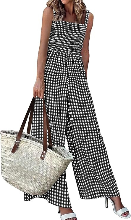 PRETTYGARDEN One Piece Jumpsuits for Women 2026 Summer Sleeveless Smocked Gingham Wide Leg Date N... | Amazon (US)