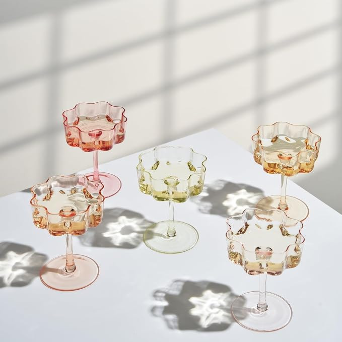 Summer Flower Scalloped Vintage Wavy Petals Wave Glass Coupes 7oz Colorful Martini, Champagne & C... | Amazon (US)