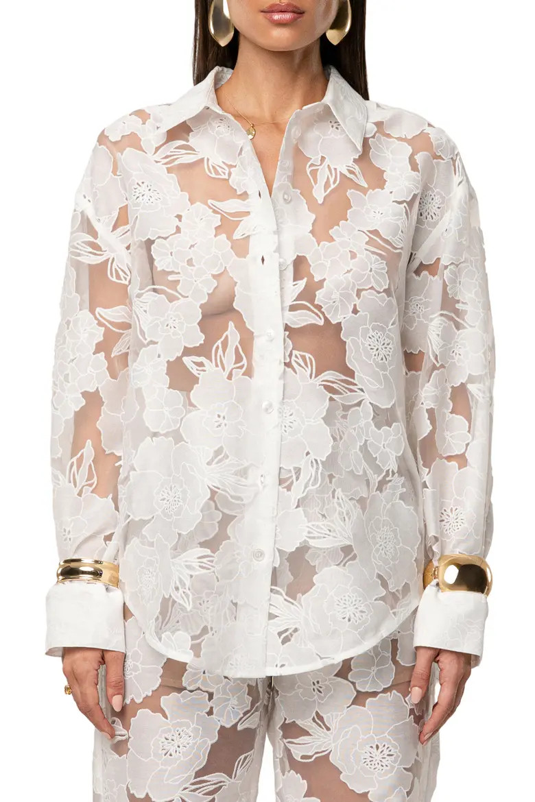 JLUXLABEL Embroidered Floral Cotton Blend Organza Button-Up Shirt (Women) | Nordstrom | Nordstrom