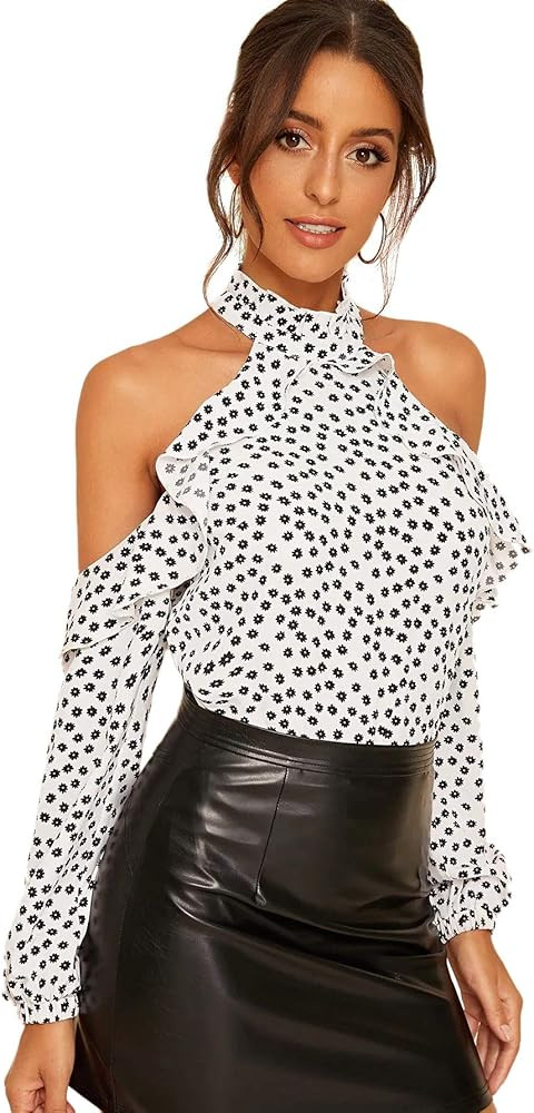 Romwe Women's Elegant Chiffon Halter Cold Shoulder Floral Print Ruffle Long Sleeve Blouse Tops | Amazon (US)