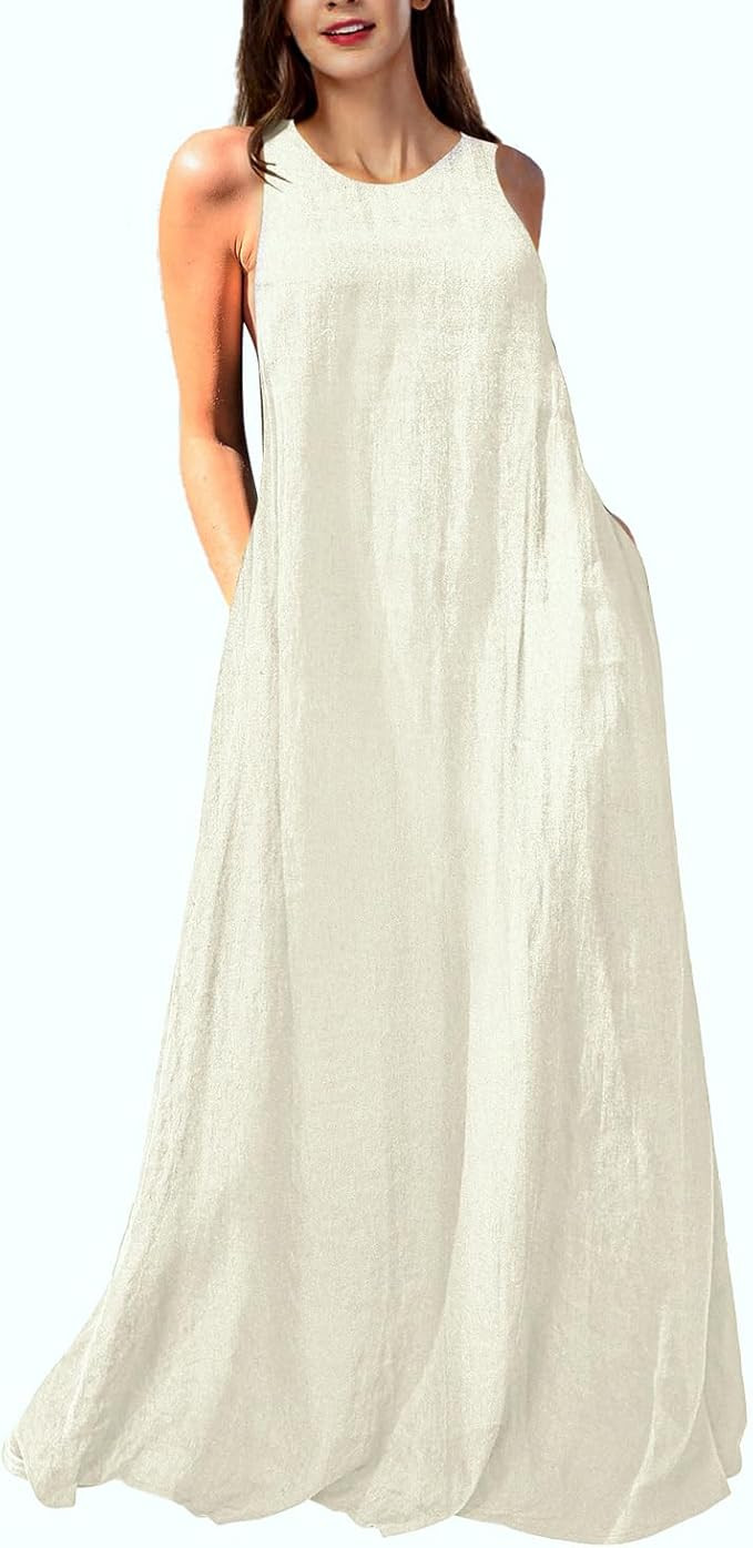 Mingyuezai Women's Sleeveless Linen Maxi Dress Casual Long Dresses with Pockets | Amazon (US)