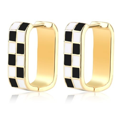 Checkered Earrings, Creative Black And White Checkered Oval Hoop Earrings Vintage Gold Hoop Earrings Interesting Earrings for Women | Amazon (US)
