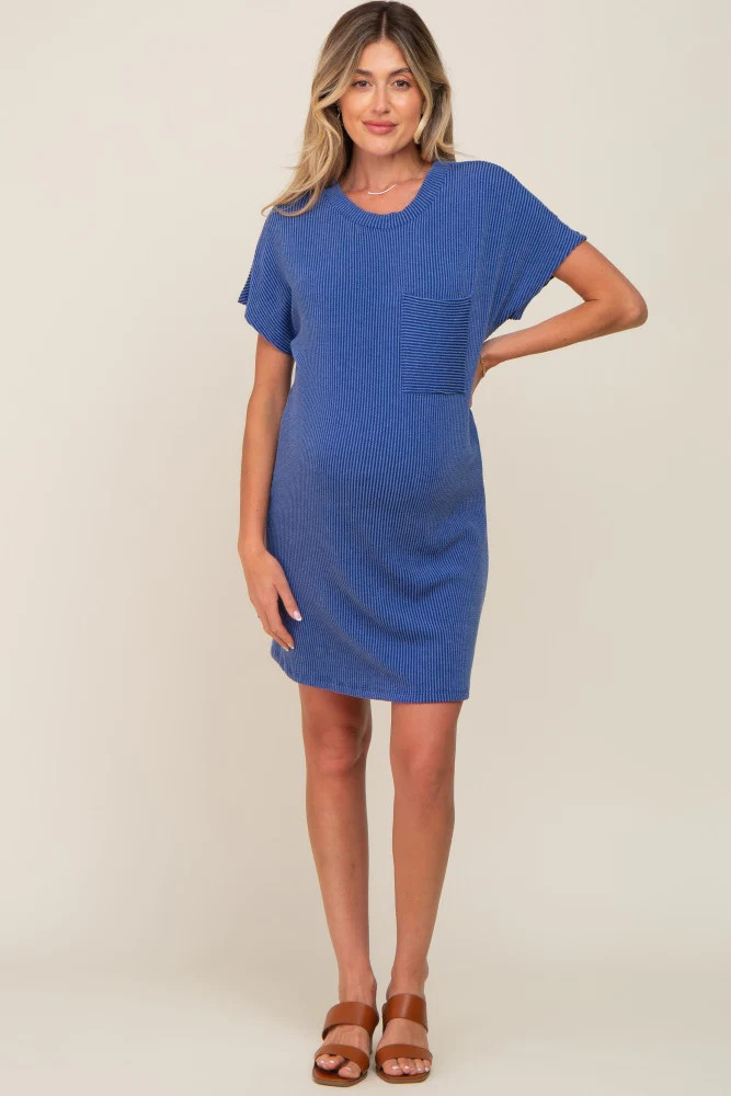 Royal Blue Ribbed Front Pocket Dolman Short Sleeve Maternity Dress | PinkBlush Maternity