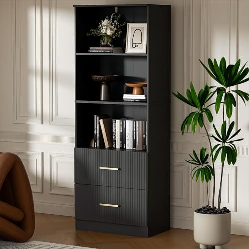 Housoul 63" H Bookshelf with Fluted Drawers and 3-Tier Open Shelves, Black | Amazon (US)