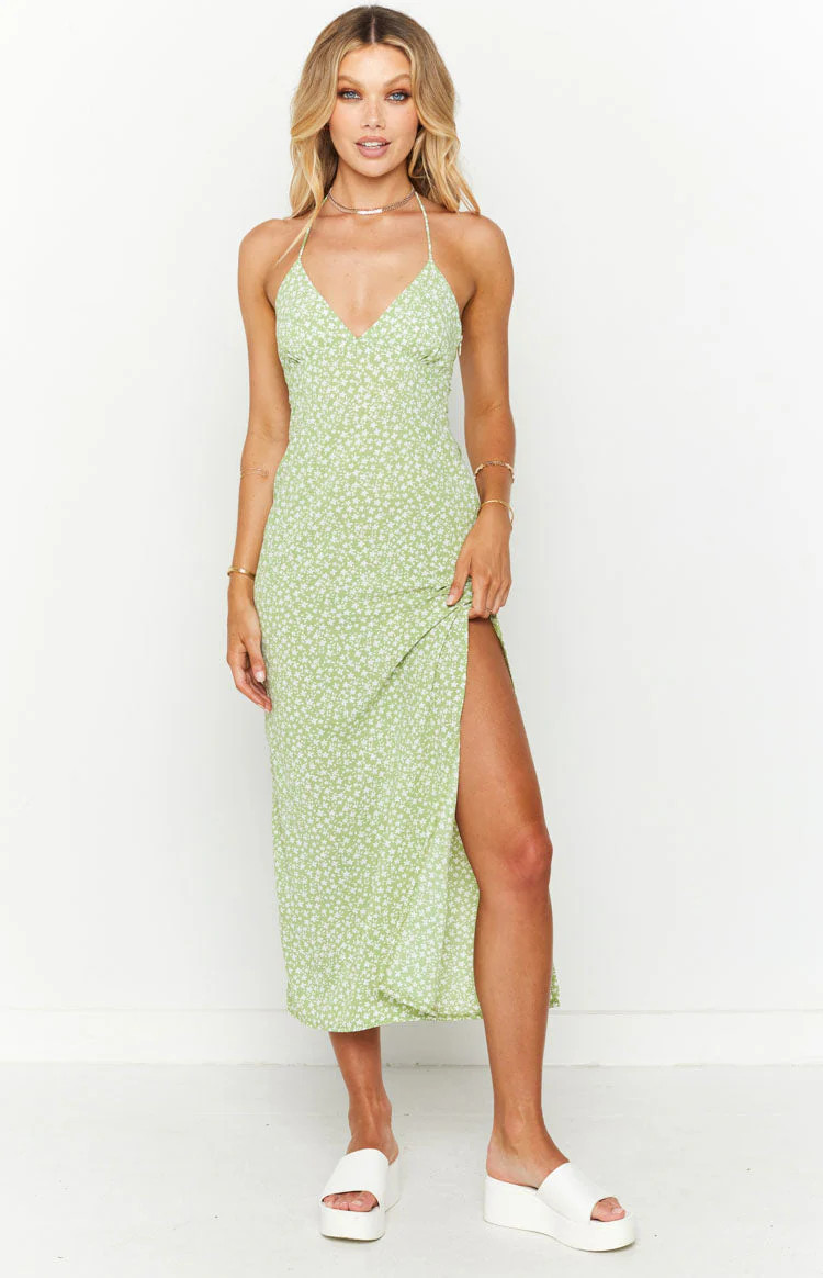 Posy Green Floral Halter Midi Dress | Beginning Boutique (US)