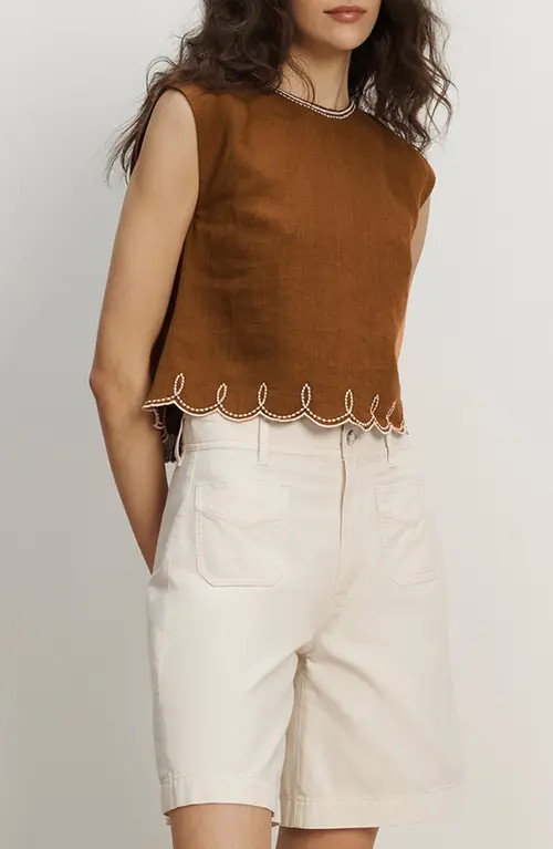 Veronica Beard Kessan Embroidered Crop Linen Top in Deep Ochre at Nordstrom, Size 0 | Nordstrom