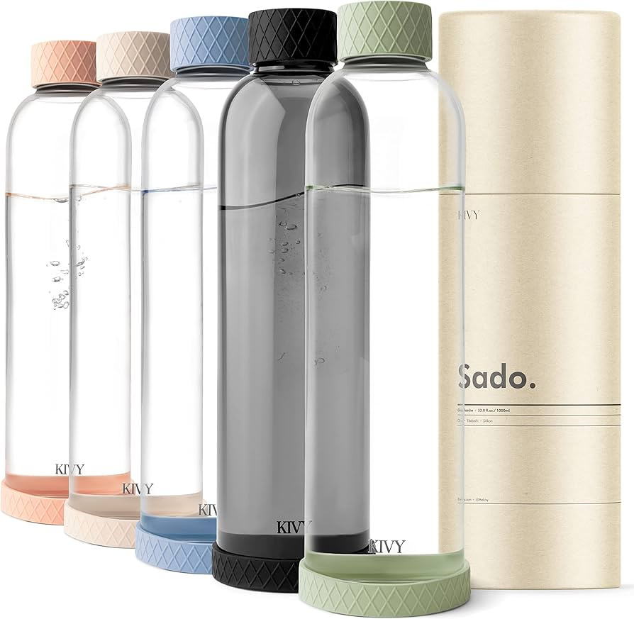 KIVY 32 oz Glass Water Bottle with Silicone Sleeve - BPA free Glass Water Bottles 32 oz - Green w... | Amazon (US)