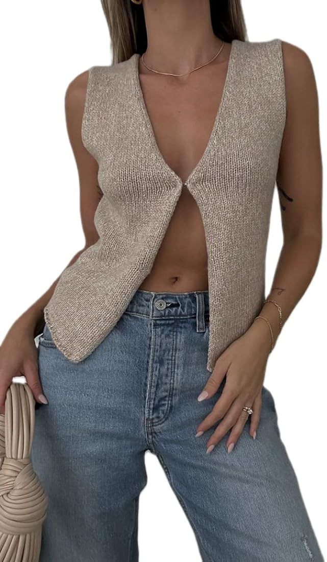 Yoawdats Women Simple Solid Color Knit Vest Sleeveless Hollow Out Button Down V Neck Crochet Vint... | Amazon (US)