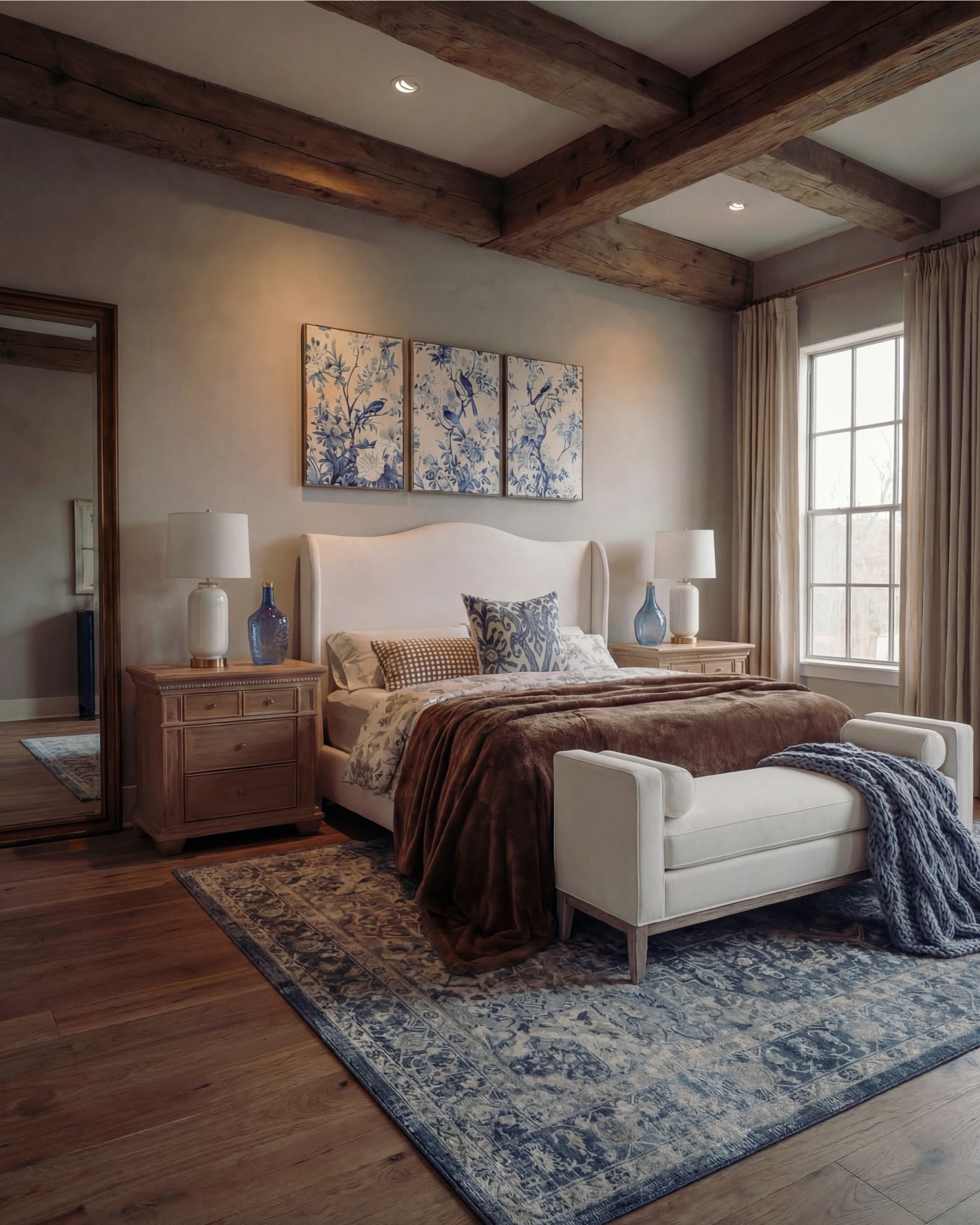 Shop the Look: Bedroom Refresh
• Upholstered bed frame (soft ivory fabric)
• Neutral bedding set (white and light beige)
• Brown throw blanket (plush or wool)
• Blue and ivory accent pillow
• Wood nightstands with drawers (warm oak tone)
• Ceramic table lamps (white base, white shade)
• Blue glass decorative vases
• Framed blue-and-white botanical wall art (set of three)
• Upholstered bench with fluted wood base
• Traditional patterned blue area rug 
• Floor-length neutral curtains
• Wood ceiling beams (natural stained finish)
• Brass decor bowl all catch
• White and blue decor beads 
Blue knitted throw blanket
#LTKSaleAlert

#LTKsale #LTKhome