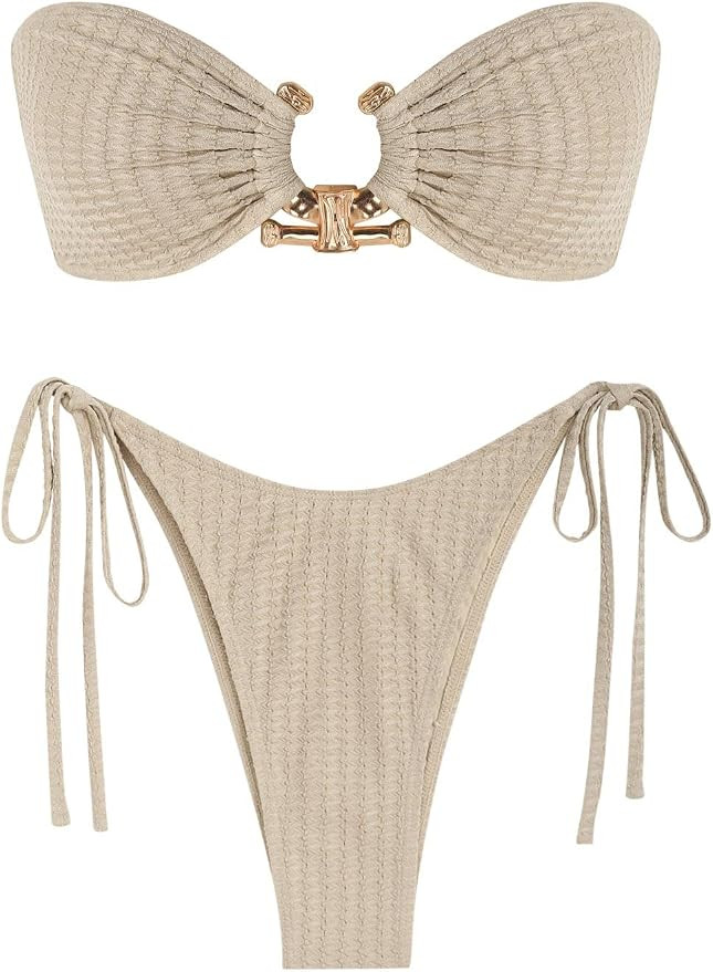 ZAFUL Women's Bandeau Bikini O Ring Strapless Tie Back High Cut Two Piece Swimsuit Bathing Suits | Amazon (US)