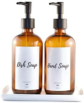 Eleito Amber Glass Soap Dispenser with Pump 16oz Bottle Set of 2 and Melamine Tray. Large Refilla... | Amazon (US)
