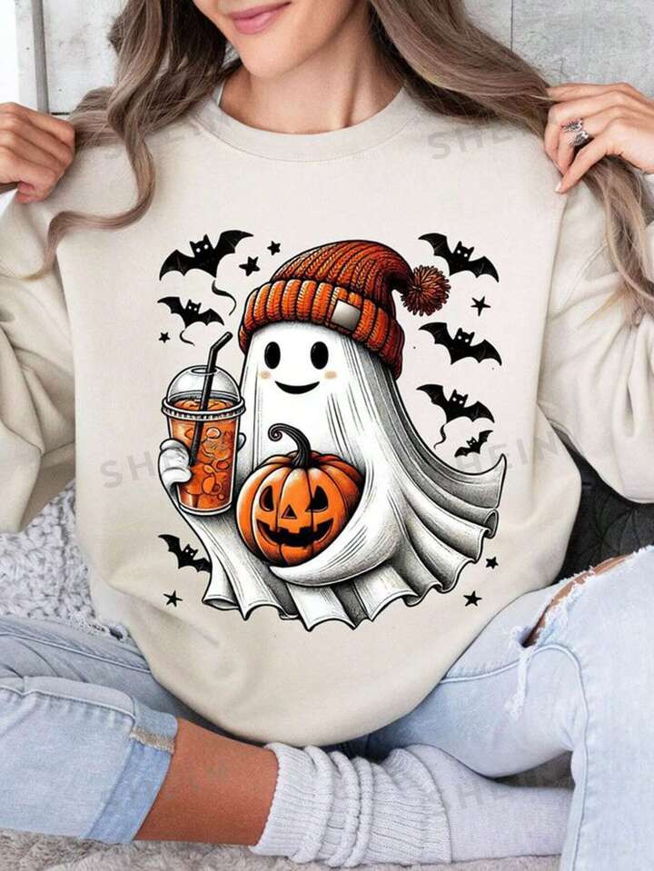 SHEIN EZwear Women's Halloween Theme Printed Crew Neck Long Sleeve Sweatshirt | SHEIN