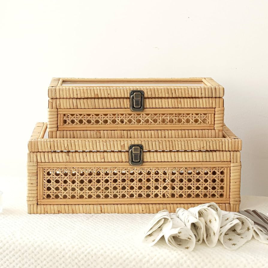 DECOR4SEASON Woven Cane and Rattan Decorative Rectangular Storage Organizer Basket Bin Boxes with... | Amazon (US)