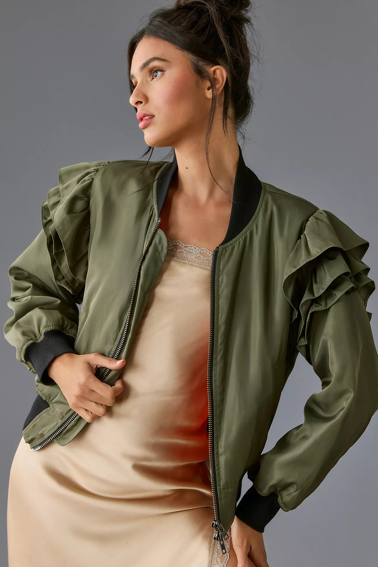 MABLE Ruffle-Sleeve Bomber Jacket | Anthropologie (US)