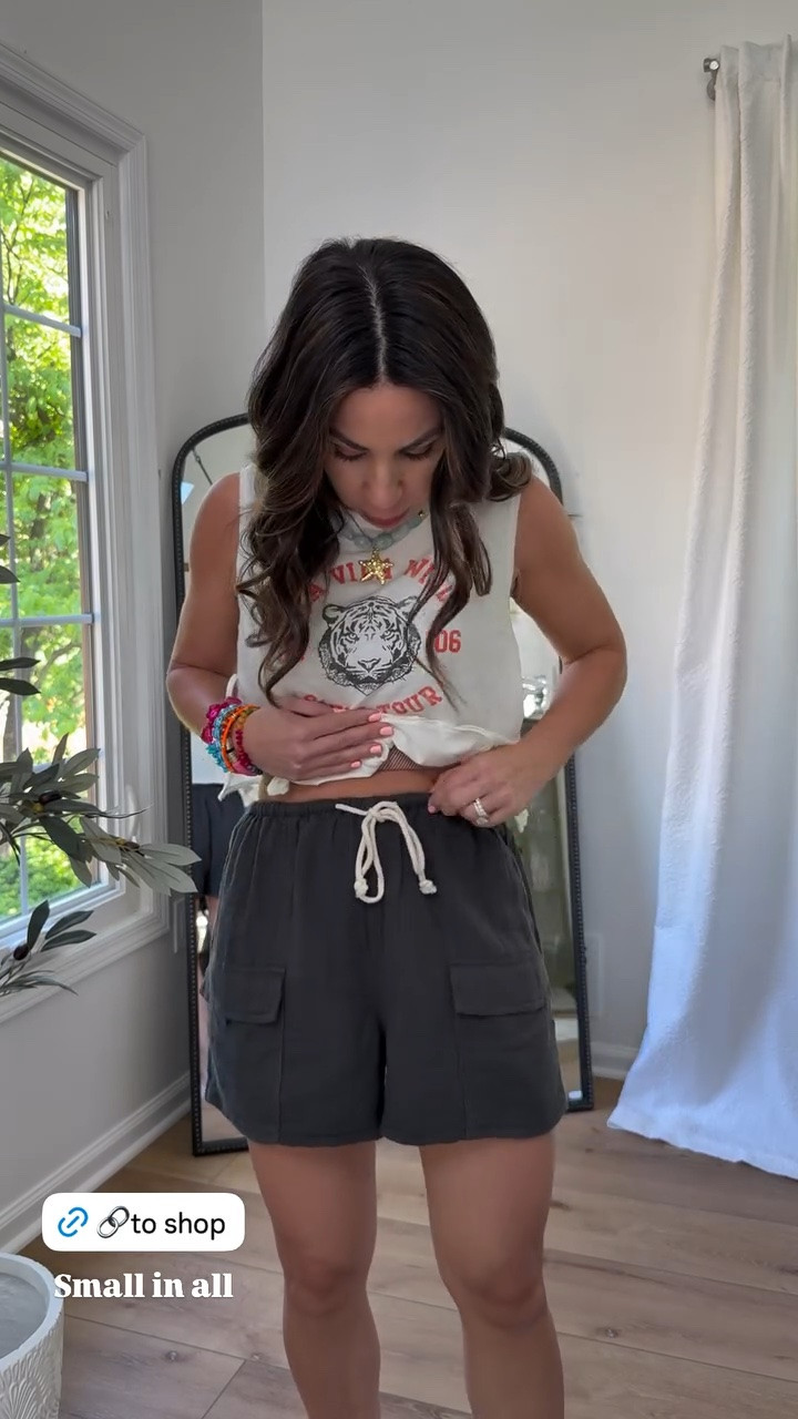 Small gauze shorts. Small graphic tank top. Cargo shorts.

#LTKOver40 #LTKSaleAlert