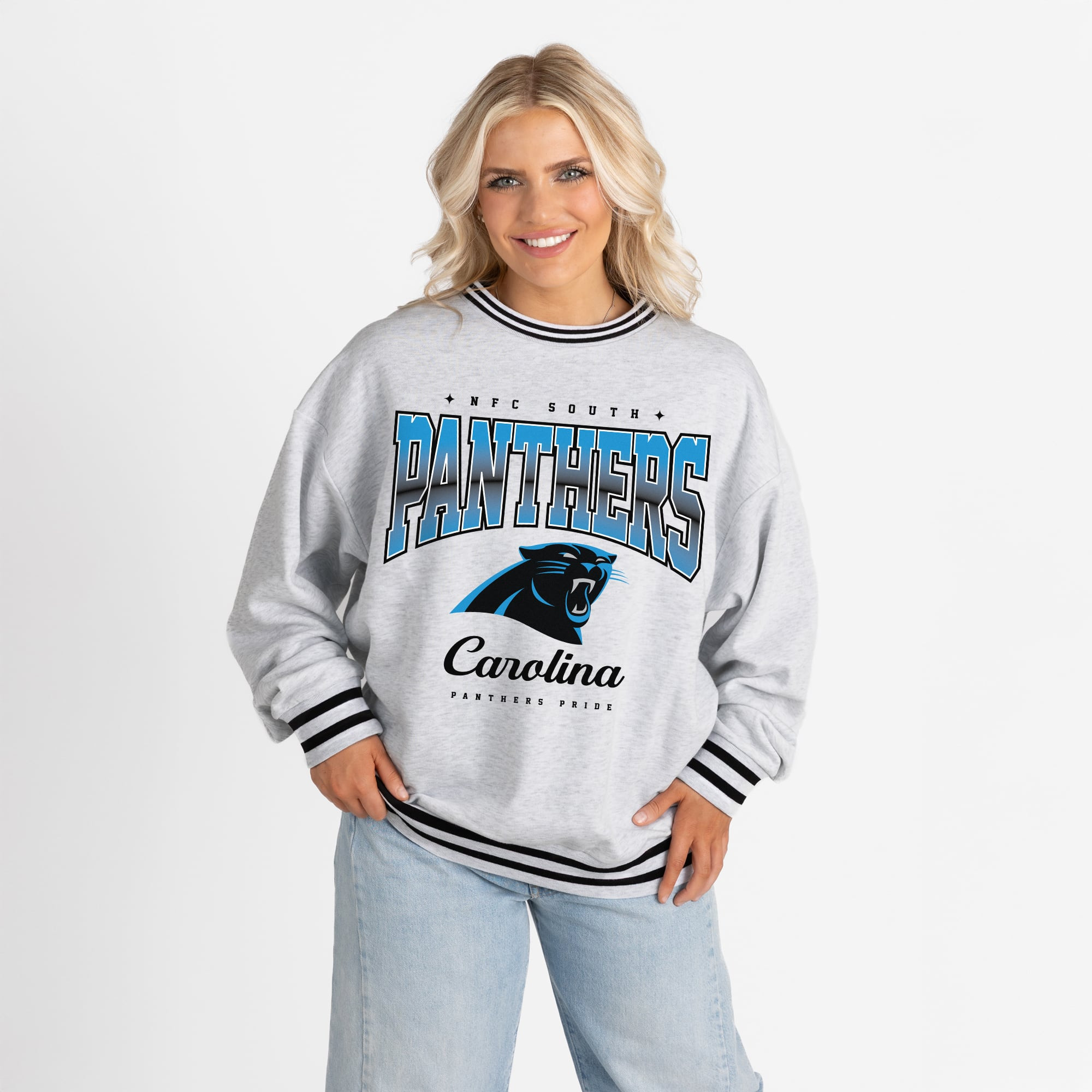 Women's Carolina Panthers Gameday Couture Ash/Black Oversized Gridiron Drive Ringer Stripe Sweats... | NFL Shop