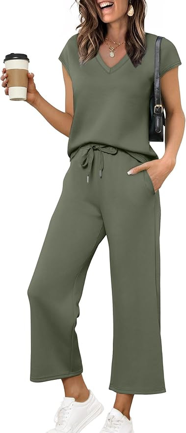 Saloogoe Two Piece Sets for Women Summer Outfits Lounge Sets V Neck Tops Wide Leg Pants Woman Vac... | Amazon (US)