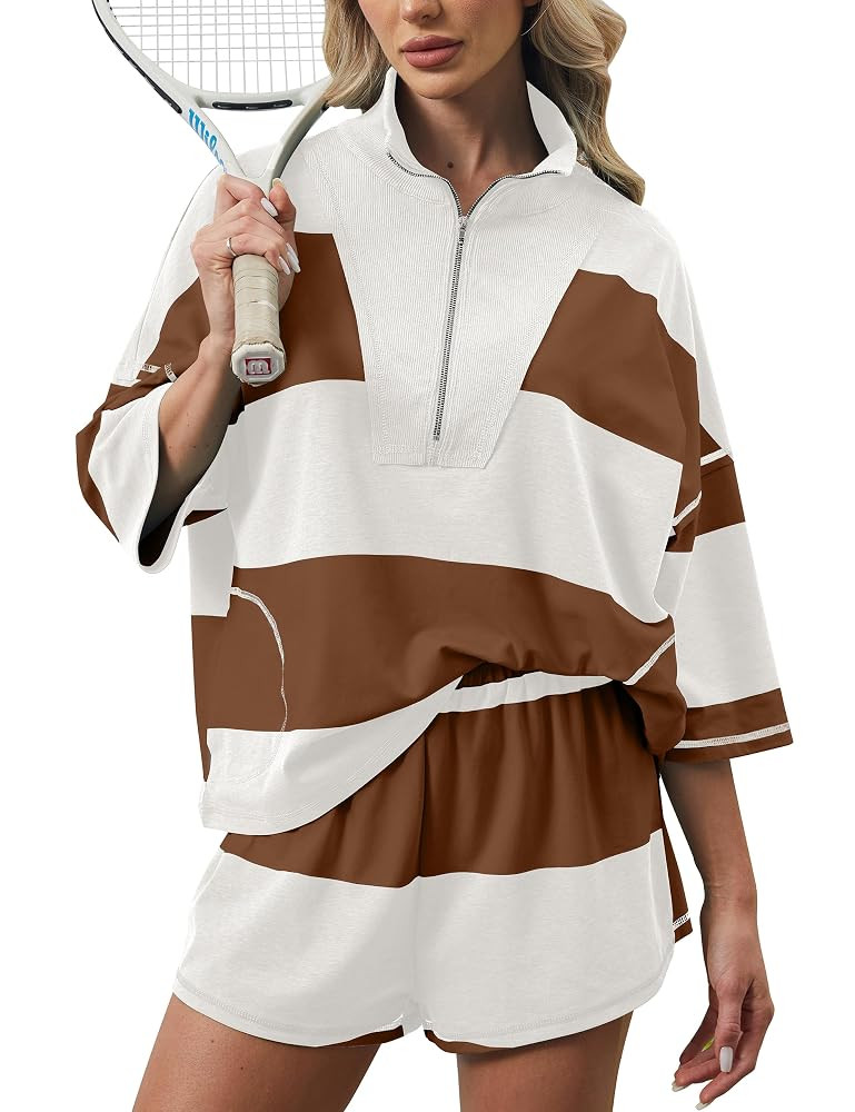 Women Two Piece Workout Short Sets Striped Lounge Set Oversized Half Sleeve Shirt and Shorts Tenn... | Amazon (US)