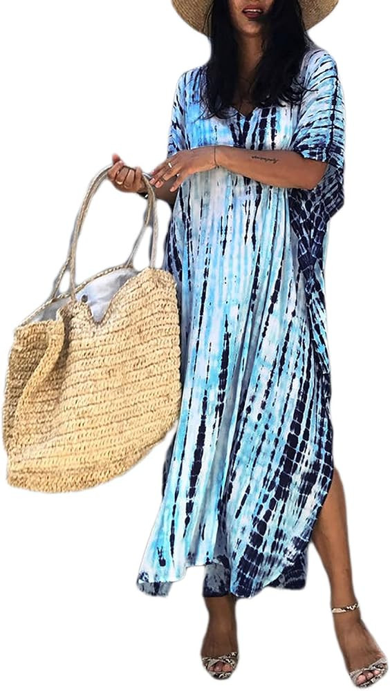 AILUNSNIKA Women Plus Size Kaftan Dress Batwing Sleeve Bikini Bathing Suit Cover Up Beach Caftans | Amazon (US)