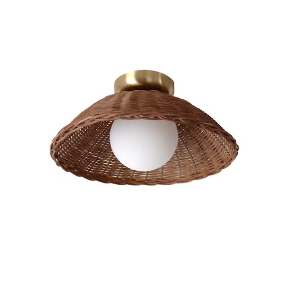 Rattan Flush Mount Ceiling Light Bamboo Sconce Glass Globe Woven Rustic Lighting | Etsy (US)