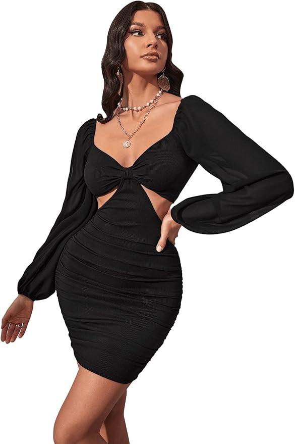 SweatyRocks Women's Sexy Scoop Neck Lantern Sleeve Cut Out High Waist Bodycon Mini Club Dress | Amazon (US)