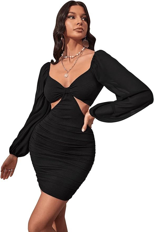 SweatyRocks Women's Sexy Scoop Neck Lantern Sleeve Cut Out High Waist Bodycon Mini Club Dress | Amazon (US)