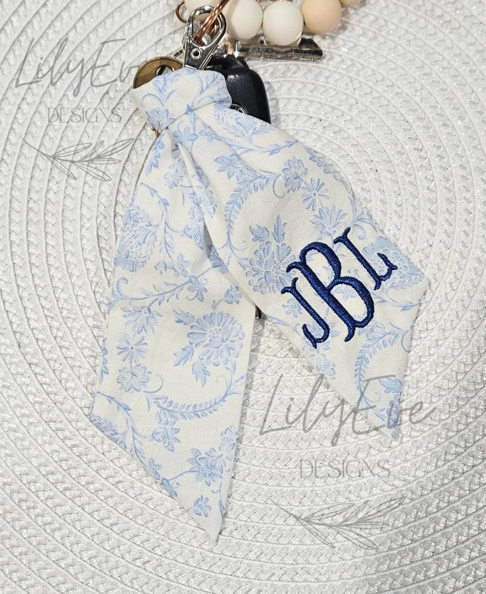 Monogram Keychain Scarf, Personalized Bag Charm, Chinoiserie Key Fob, Toile | Etsy (Global)