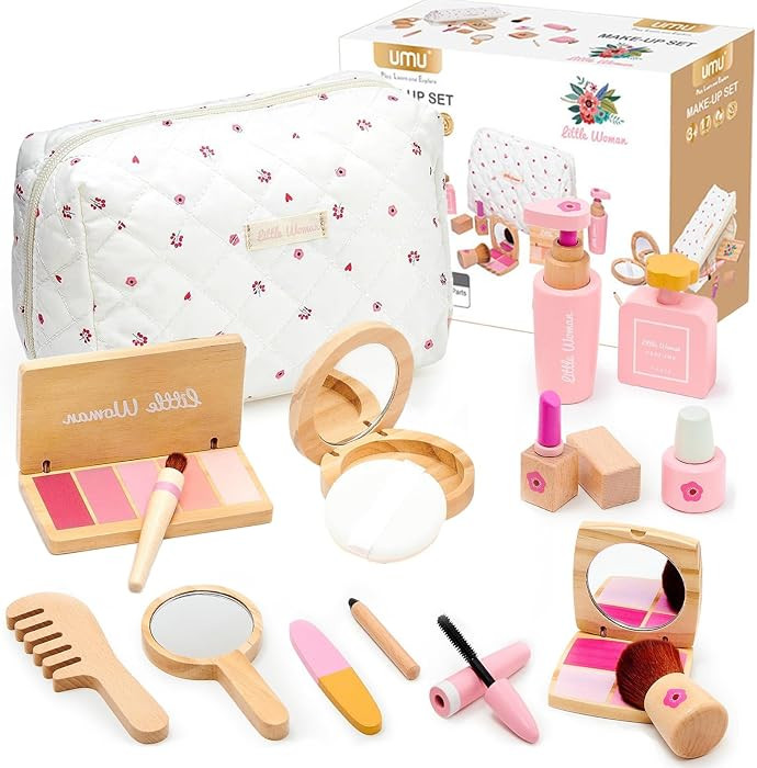 Wooden Makeup Toy Set for Girls - Pretend Play Makeup Kit for Toddlers 3-5 with Eyeshadow/ Mascar... | Amazon (US)