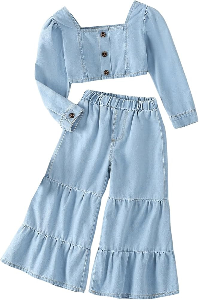 Toddler Girls Two Piece Denim Outfit Button Front Long Sleeve Crop Top and Pants Set | Amazon (US)