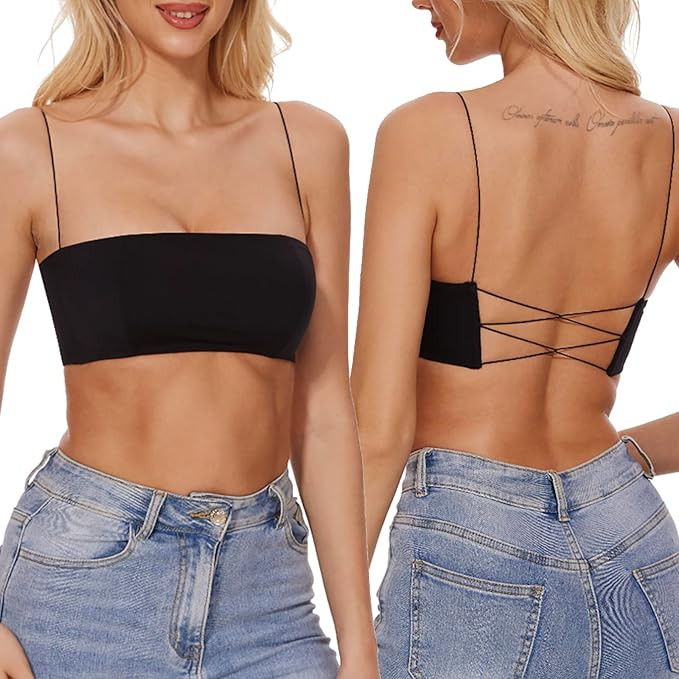 Seamless Bandeau Bra for Women Spaghetti Bralette Wirefree Square Neckline Low Back Bra Top | Amazon (US)