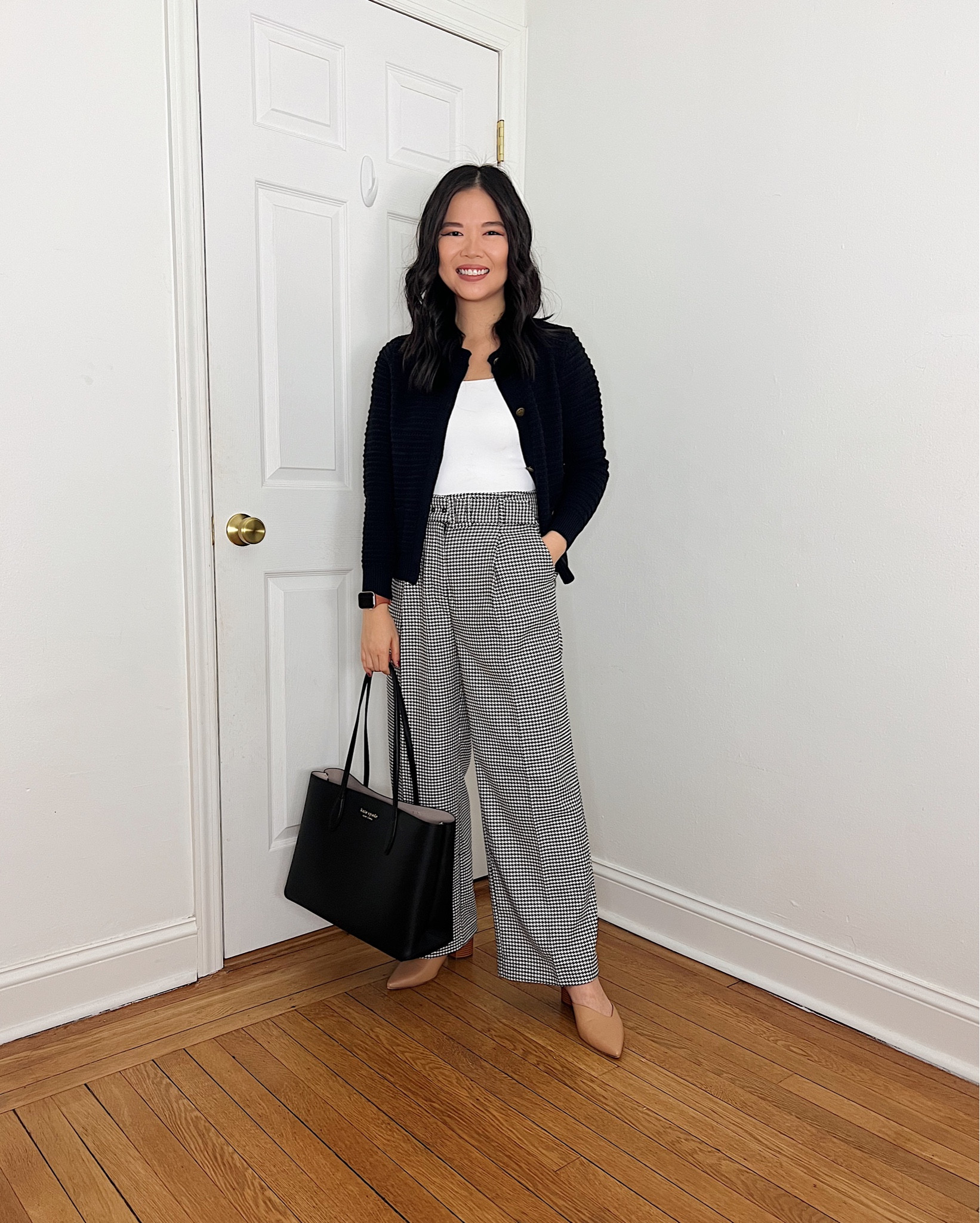 Black cardigan (XS)
Black tweed cardigan
White tank bodysuit (S)
Houndstooth pants (27P)
Black tote bag
Brown pumps (1/2 size up)
Business casual outfit
Teacher outfit
Winter work outfit 
Winter outfit 
LOFT outfit
Neutral outfit 
Black cardigan 

#LTKworkwear #LTKfindsunder50 #LTKSeasonal