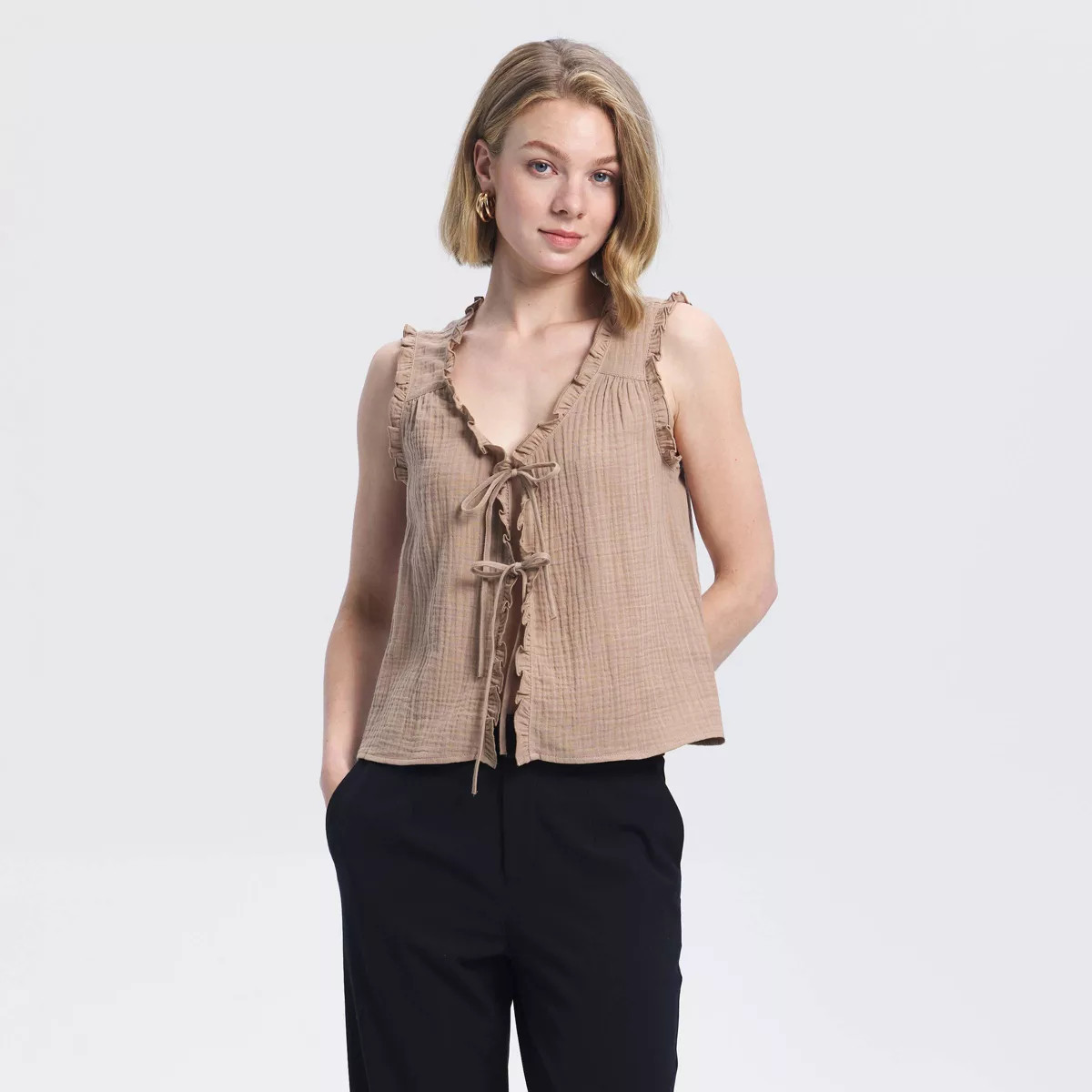 Women's Tie-Front Crinkle Gauze Top - A New Day™ Brown XL | Target