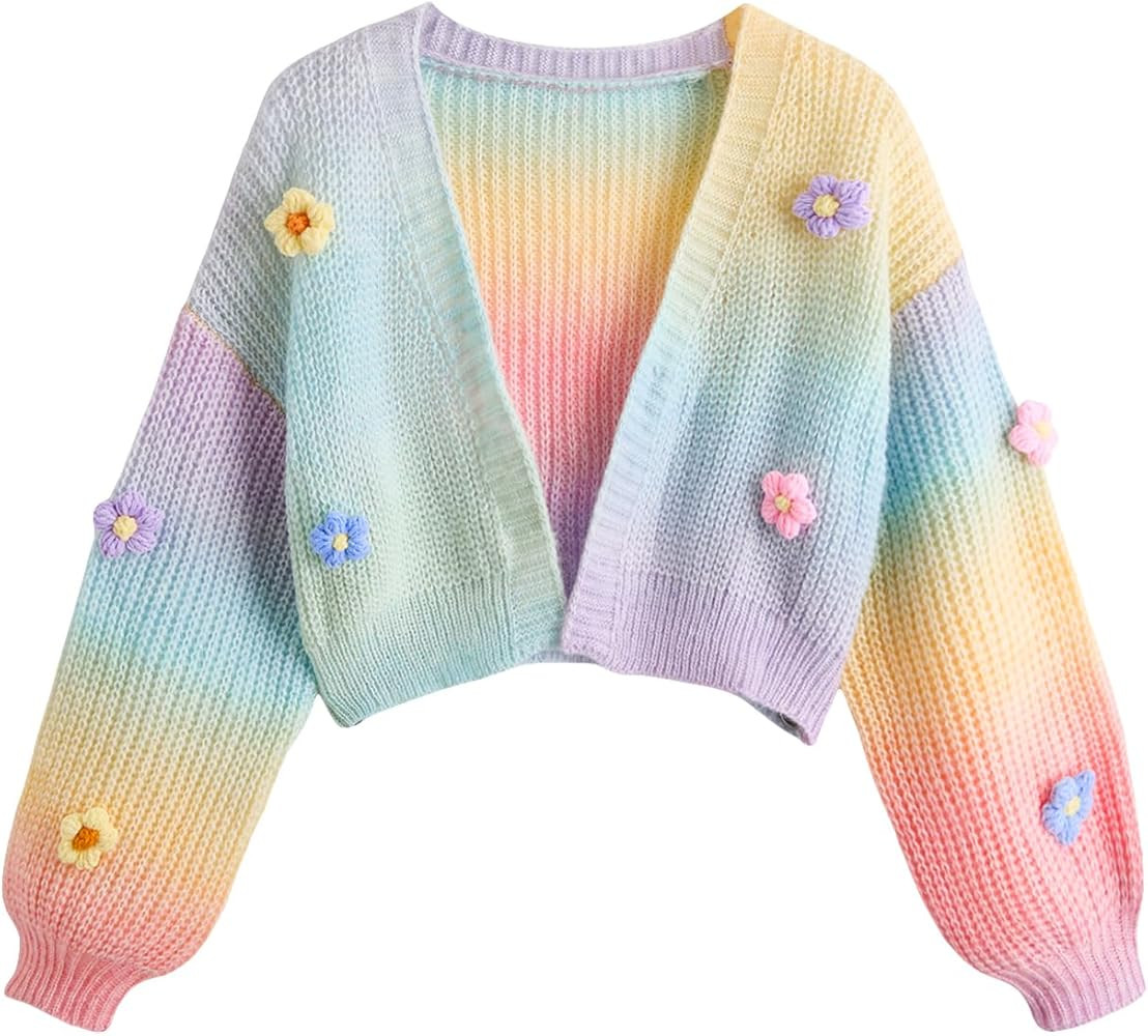 SHENHE Girl's Cute Flower Cardigan Open Front Chunky Knit Colorful Cropped Cardigan Sweater | Amazon (US)
