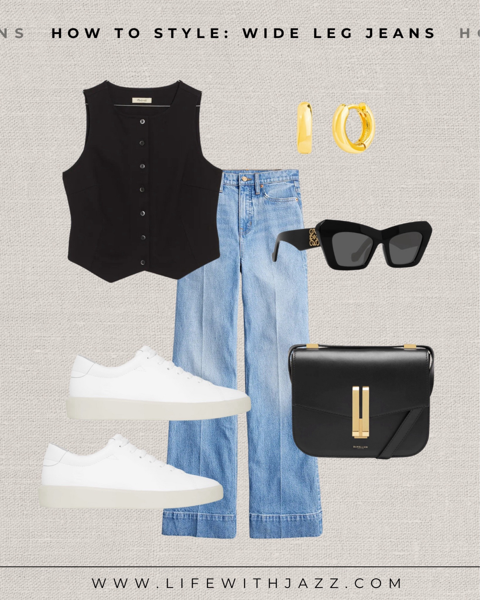 How to style wide leg jeans for the summer/early fall 

Black vest / wide leg jeans / white sneakers / Loewe sunglasses / demellier purse / casual / chic 

#LTKStyleTip #LTKSeasonal