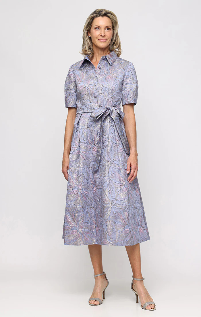Jacquard Dress with Button Bodice & Bubble Sleeves | Alex Evenings
