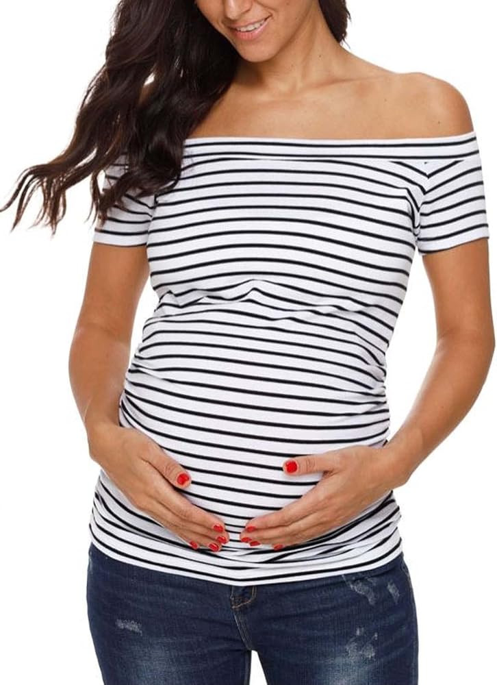 Love2Mi Maternity Tops Off Shoulder Short Sleeve Side Ruched Pregnance T-Shirt | Amazon (US)