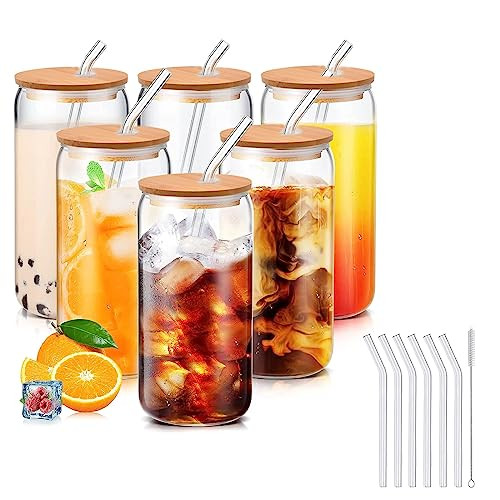 Dreams Of Paradise Drinking Glasses with Bamboo Lids and Glass Straw 6pcs Set - 16oz Can Shaped Glass Cups, Beer Glasses, Iced Coffee Glasses, Cute Tumbler Cup, Ideal for Cocktail, Whiskey | Amazon (US)