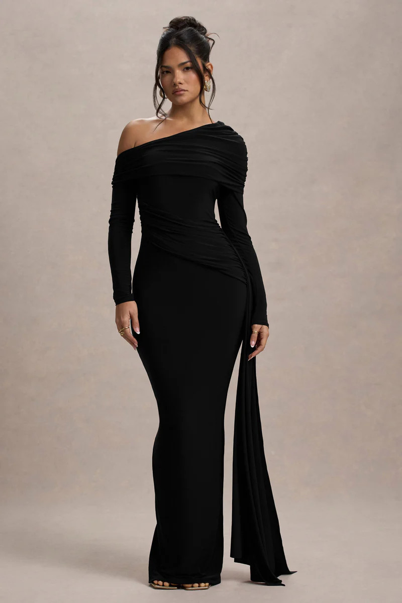 Valina  Black Ruched Asymmetric Maxi Dress With Drape | Club L London