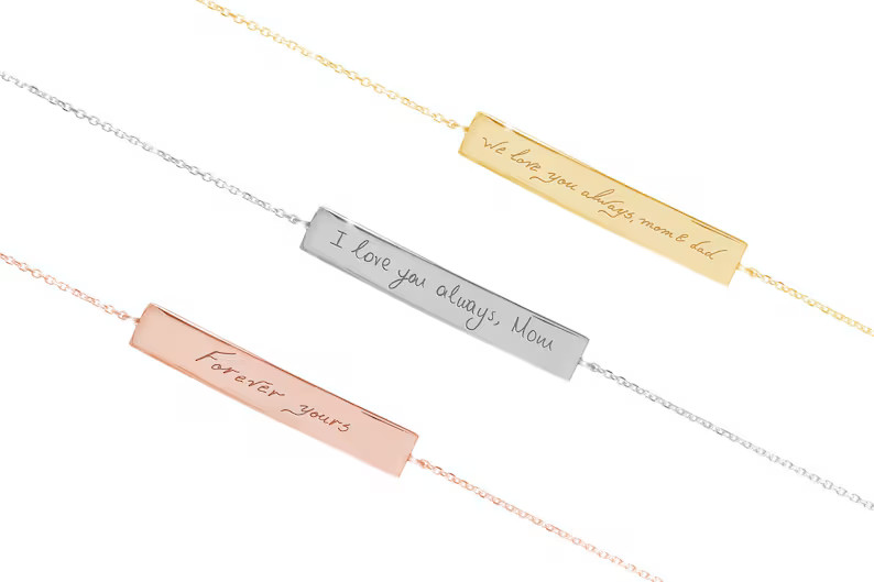 Gold Handwritten Bracelet, 9K 14K 18K Gold Bracelet, Engraved Bar Charm, Personalized Jewelry, Cu... | Etsy (US)