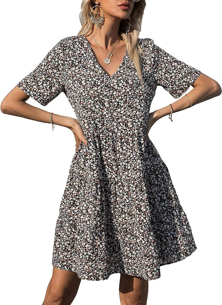 BTFBM Women Summer Tunic Dress V Neck Short Sleeve Casual Loose Cute Leopard Floral Print Babydol... | Amazon (US)