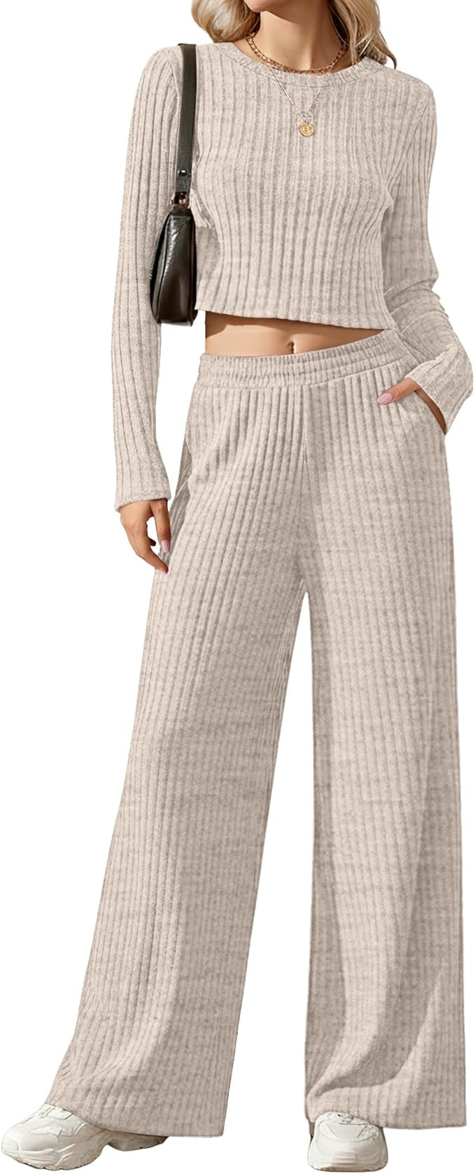 Women's 2 Piece Lounge Sets 2025 Fall Travel Outfits Ribbed Long Sleeve Crop Top Wide Leg Pants C... | Amazon (US)