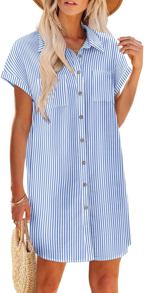 Zeagoo Summer Dresses for Women 2026 Cotton Button Down Short Sleeve Tshirt Dresses Casual Mini B... | Amazon (US)