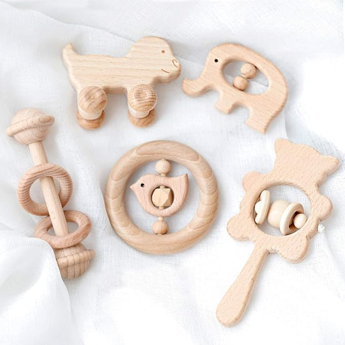 Natural Wooden Teether Rattles Gym Intellectual Puzzle Toys 5pc Set Montessori Toys Baby Shower G... | Amazon (US)