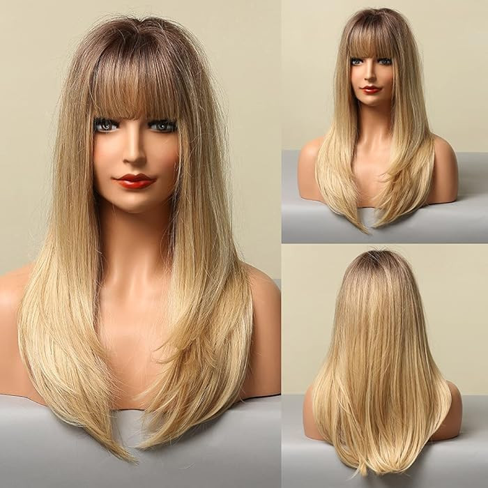 HAIRCUBE Blonde Wigs for Women Long Straight Ombre Wigs with Bangs Heat Resistant Fiber Synthetic... | Amazon (US)