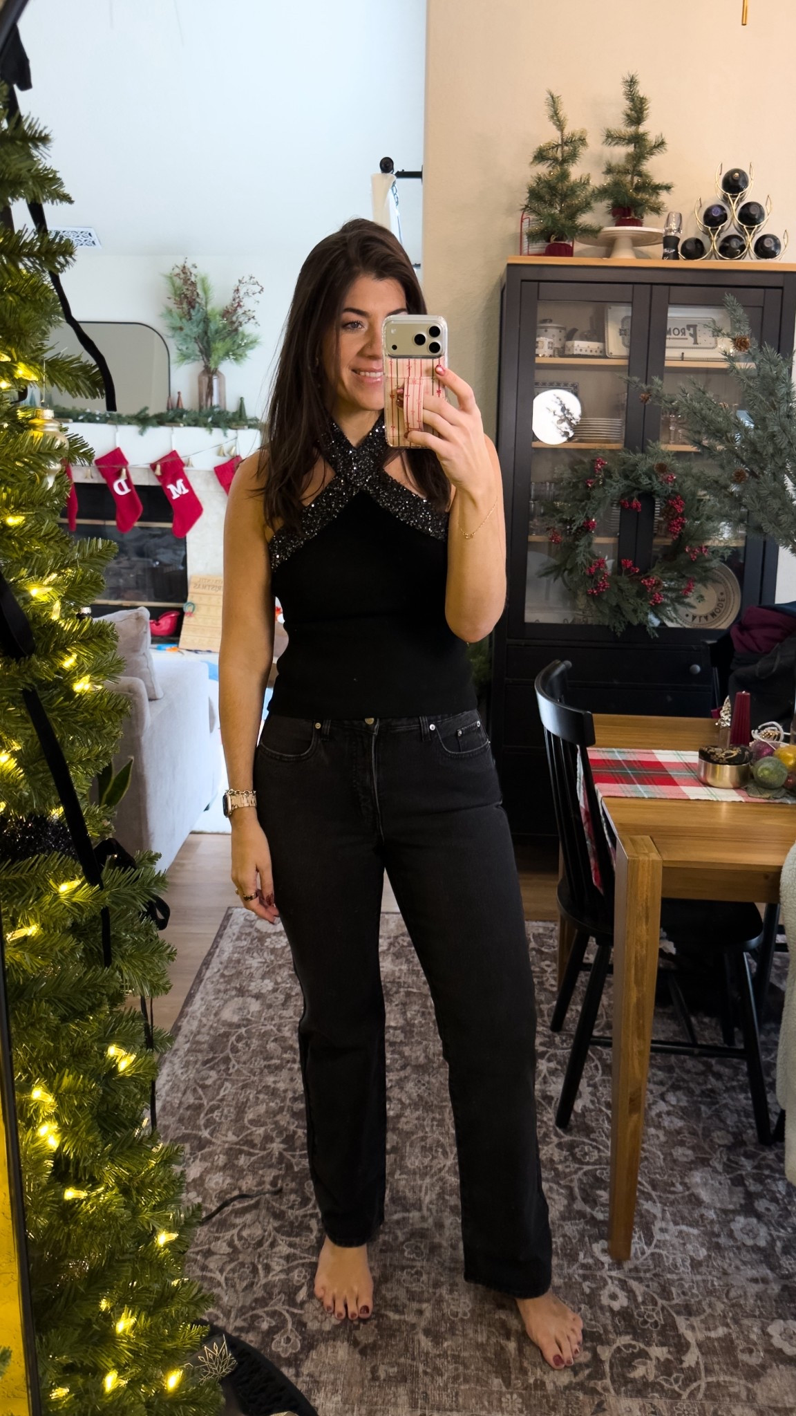 Sized down one in knit halter
8 regular in black jeans 

#LTKFindsUnder50 #LTKSaleAlert #LTKMidsize